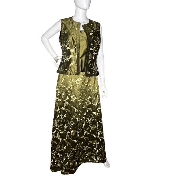 Carlisle Sz 8 Skirt 10 Top 3 Piece Silk Maxi Skirt Set Olive Green Embroidered - Picture 2 of 13